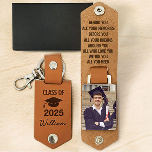 Let The Journey Begin Graduation Gift - Personalized Leather Photo Keychain