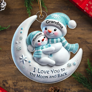 Snowman Grandma & Hugging Grandkid On The Moon Personalized Acrylic Ornament