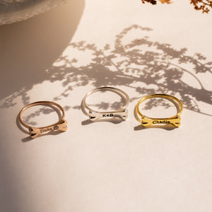 Personalized Dog Bone Charm Ring Pet Name Memorial Ring with Dainty Gemstone