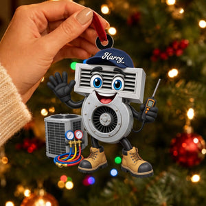 Friendly HVAC Air Vent Blower Mascot Waving Hand Ornament β Personalized Heating & Cooling Tech Gift