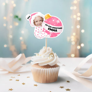 Custom Baby Photo My 1st Christmas Decoration Personalized Cupcake Toppers