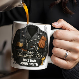 Bike Dad, Motorcycle and Leather Jacket, Personalized Coffee Mug, Gift For Dads and Bikers