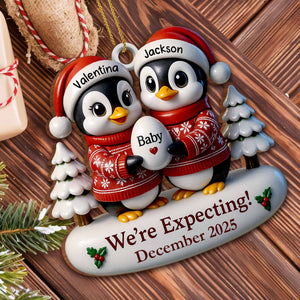 We're Expecting December With Penguins And Christmas Trees, Personalized Custom Wood Ornament