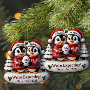 We're Expecting December With Penguins And Christmas Trees, Personalized Custom Wood Ornament