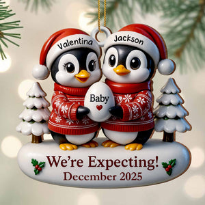We're Expecting December With Penguins And Christmas Trees, Personalized Custom Wood Ornament