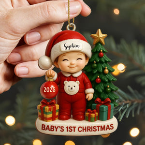 Baby’s 1st Christmas With Tree and Gifts, Personalized Custom Wood Ornament