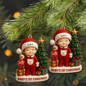 Baby’s 1st Christmas With Tree and Gifts, Personalized Custom Wood Ornament