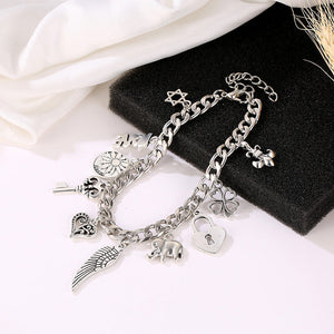 Vintage Engraved Heart Lock Key Wings Charm Ancient Silver Bracelet