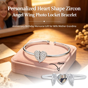 Personalized Heart Shape Zircon Angel Wing Photo Locket Bracelet Anniversary Birthday Memorial Gift for Wife Mother Grandma