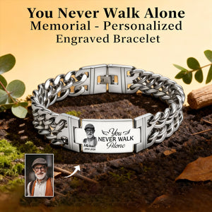 Custom Photo You Never Walk Alone Memorial - Personalized Engraved Bracelet Double Chain