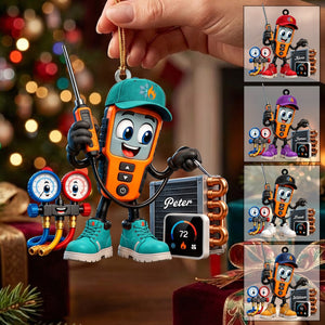 HVAC Digital Meter Mascot Holding Temperature Probe Ornament β Funny Personalized Gift for AC Technicians