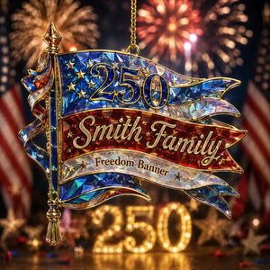 Personalized "Freedom Banner" America 250th Acrylic Ornament β Hologram Patriotic Family Keepsake
