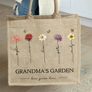 Personalized Grandma's Garden Love Grows Here Vintage Birth Flowers Jute Tote Bag