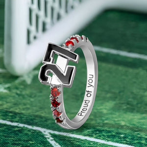 Personalized Sports Team Number Birthstone Ring with Custom Engraving Text - Basketball Baseball Mom Ring