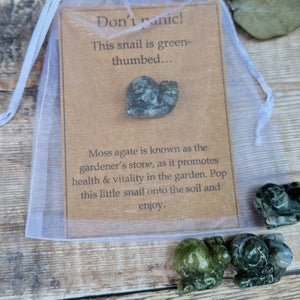 Cute Snail, Moss Agate Crystal For The Garden, Unique Gardeners Gift