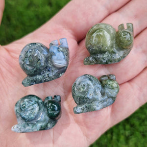 Cute Snail, Moss Agate Crystal For The Garden, Unique Gardeners Gift