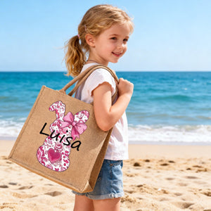 Custom Name Bunny Bag - Personalized Easter Jute Tote Bag, Kids Egg Hunt Bag
