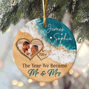 The Year We Became Mr & Mrs β Personalized Beach Christmas Ceramic Ornament Gift For Couple