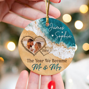 The Year We Became Mr & Mrs β Personalized Beach Christmas Ceramic Ornament Gift For Couple
