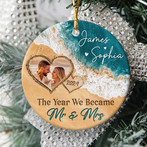 The Year We Became Mr & Mrs β Personalized Beach Christmas Ceramic Ornament Gift For Couple