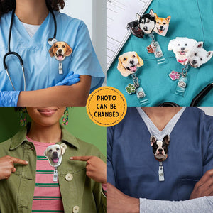 Personalized Pet Portrait Badge Reel with Glitter Paw Charm Gift for Pet Lover