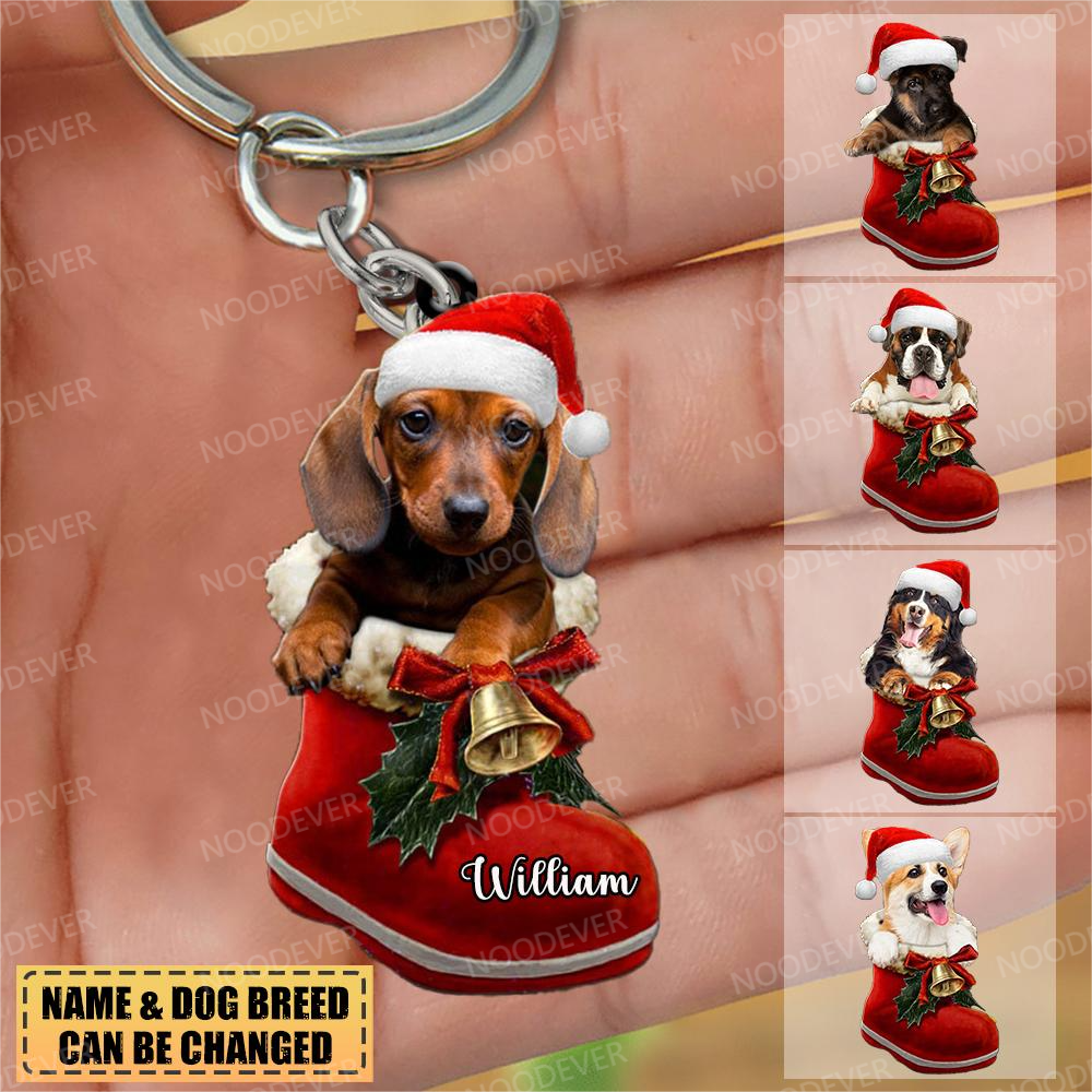 Personalized Dog in Santa Boot Christmas-Two Sided Keychain