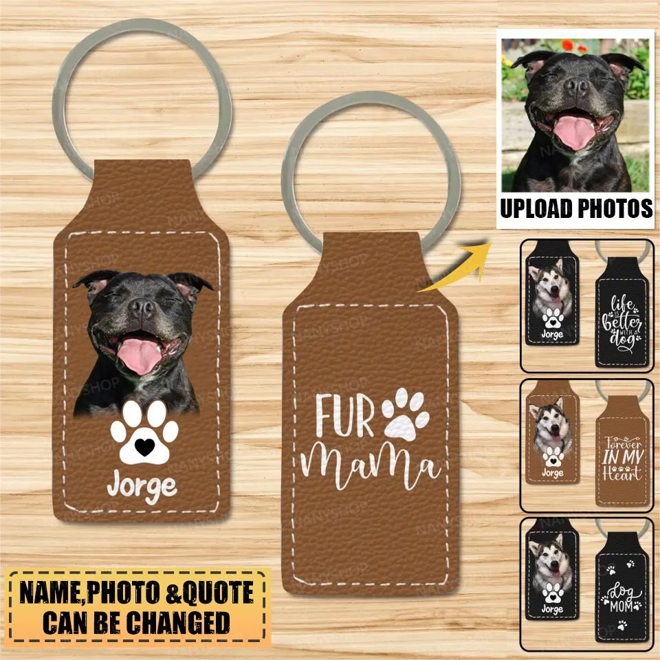 Personalized Upload Your Dog Photo Fur Mama Dog Mom Leather Keychain