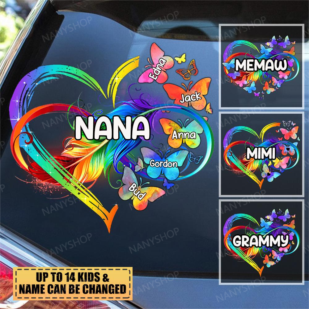 Personalized Grandma Mom Heart butterfly Rainbow Decal