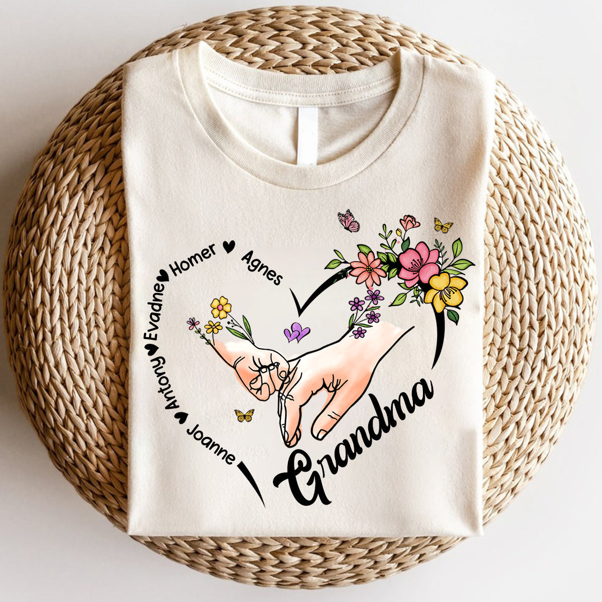 Personalized Grandma Kids Hands Flower Heart Pure Cotton T-Shirt