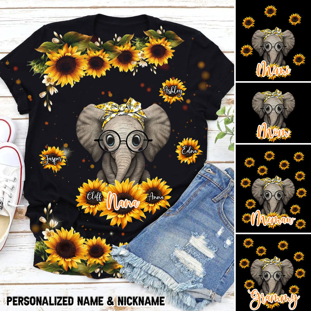 Personalized Sunflower Elephant Grandma/Mom Kids T-Shirt