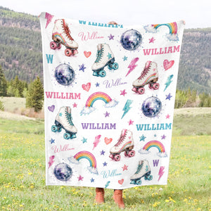 Personalized Roller Skate Blanket, Custom Name Roller Disco Throw Blanket, Retro Rainbow & Disco Ball Kids Blanket, Girl Bedroom Decor, Skate Gift