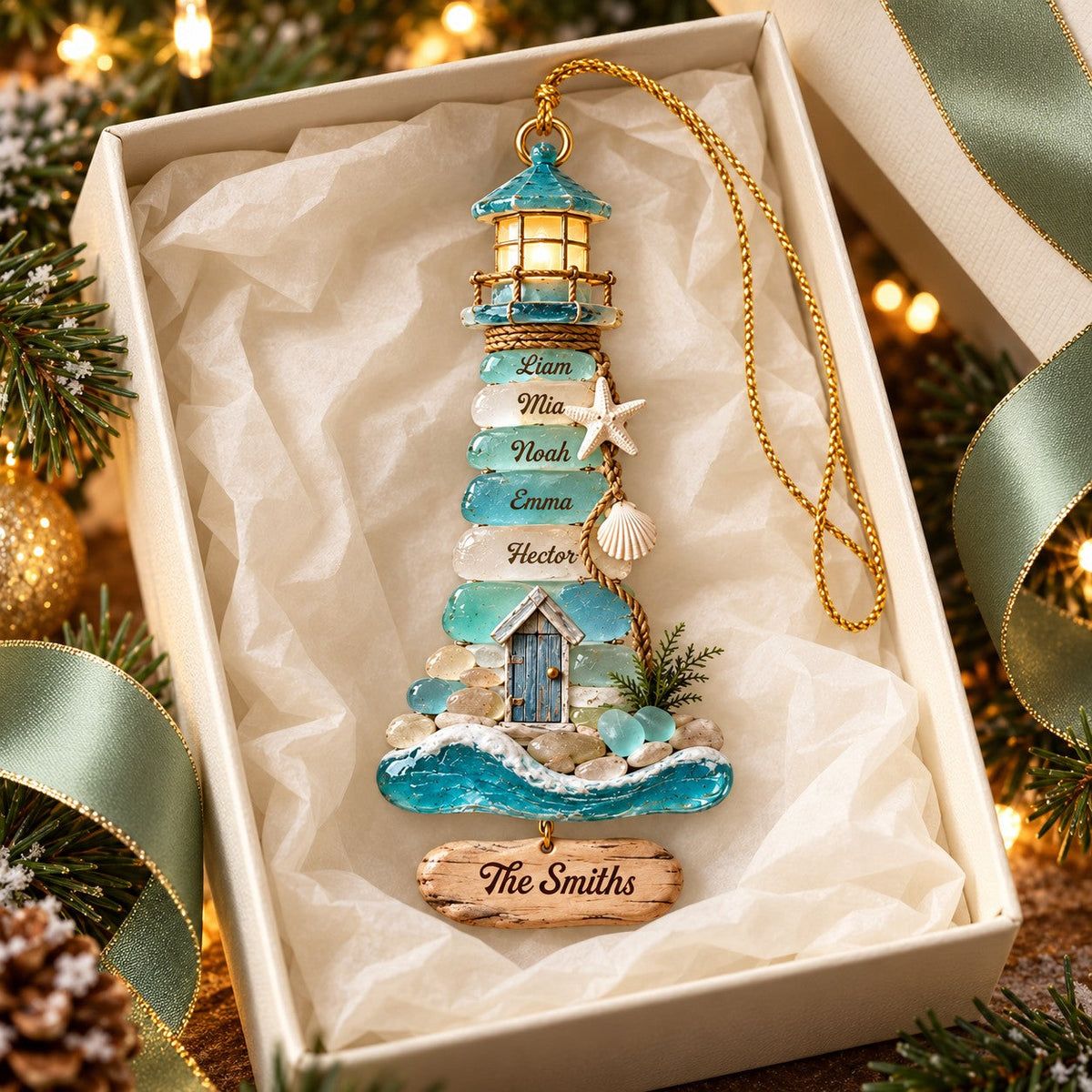 Personalized Coastal Lighthouse Christmas Ornament – Sea Glass–Inspired Family Keepsake | Gift For Beach Lovers