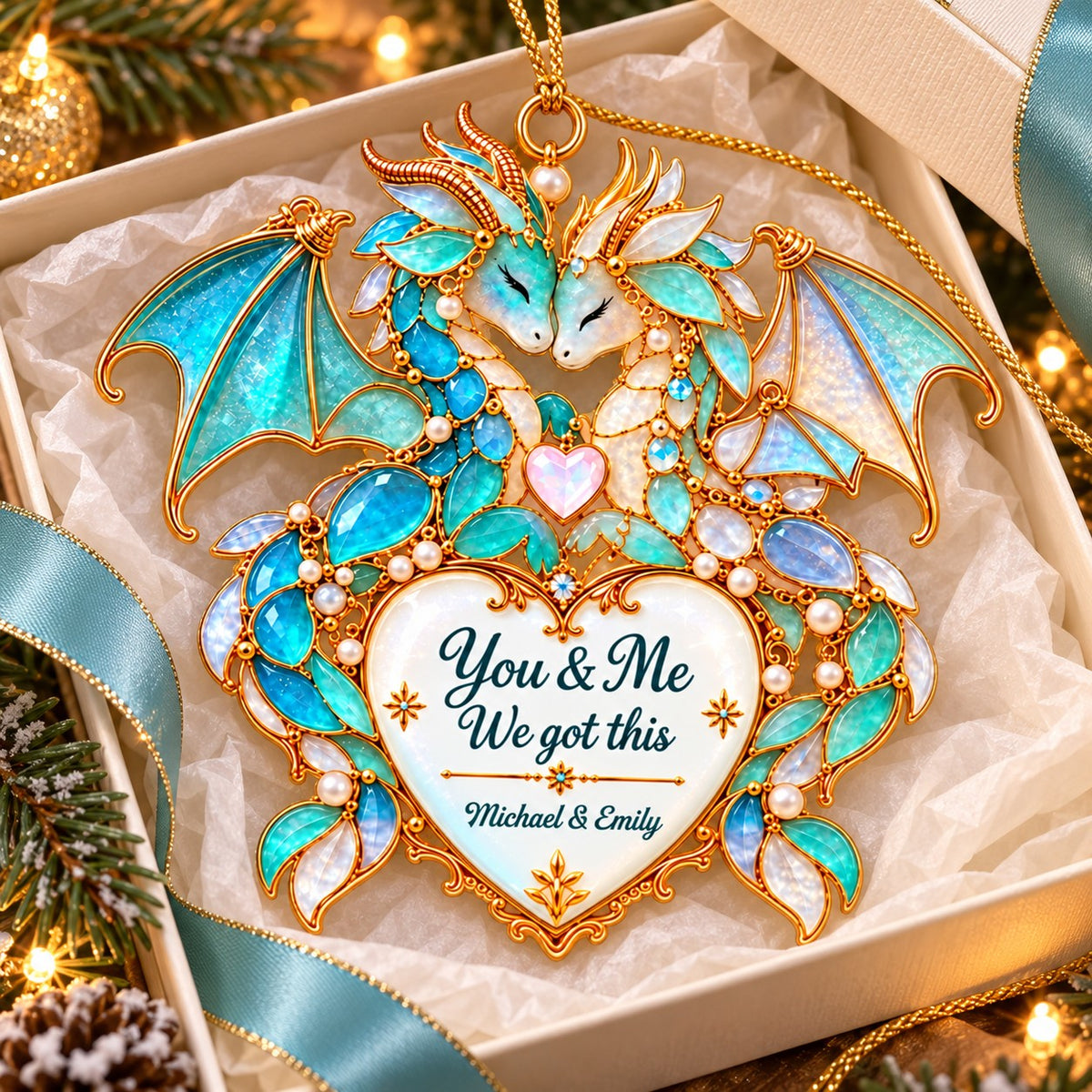 Personalized Dragon Custom Shape Sea Glass Effect Ornament,Christmas Gift for Couples