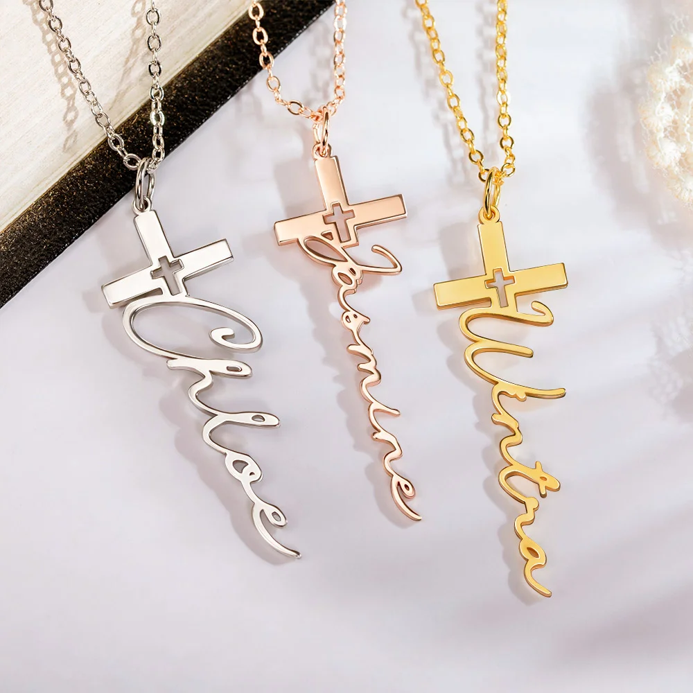 Personalized Cross Pendant Necklace with Name Crucifix Jewelry Christening Baptism First Communion Gift for Her