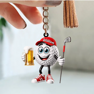 Toasting Golf Ball Keychain - Personalized Cute Beer Golf Mascot Keychain