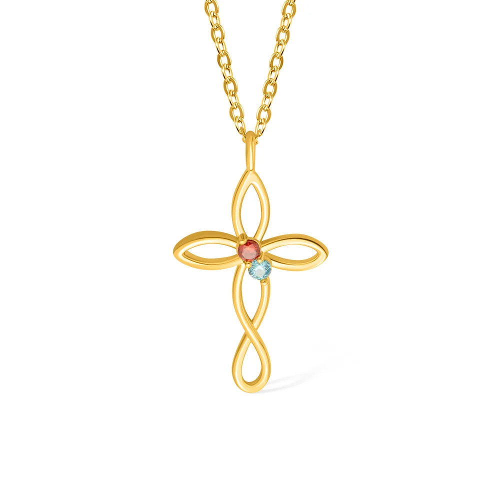 Personalized Wrapped Cross Necklace with 1-5 Family Birthstones - Birthday, Mother's Day Gift for Mom Grandma