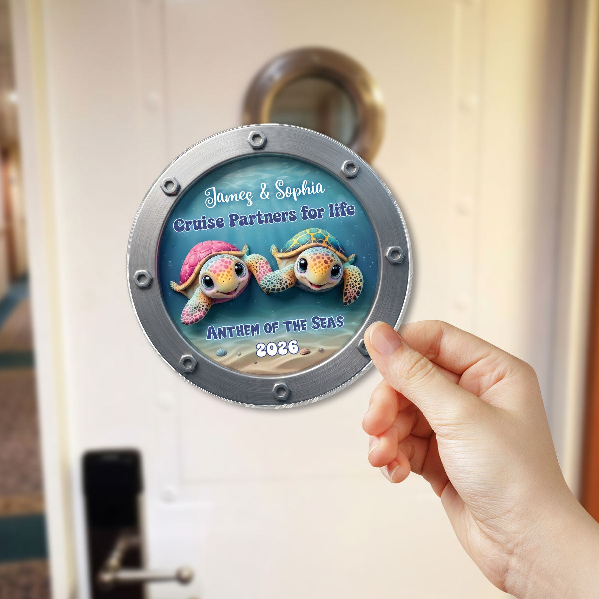 Happy Sailing Turtle Couple Personalized Cruise Ship Door Magnet