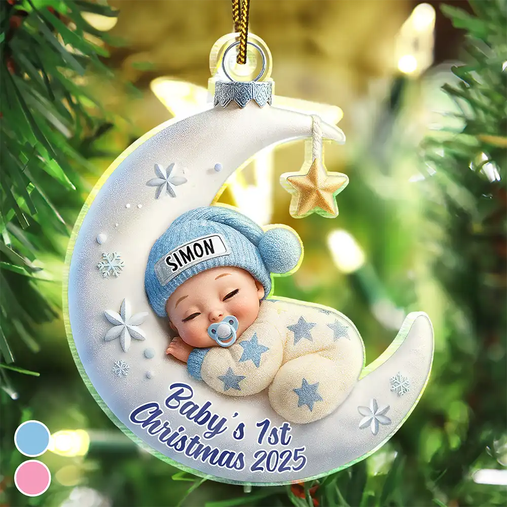Baby Sleeping On The Moon First Christmas - Personalized Custom Shaped Acrylic Ornament