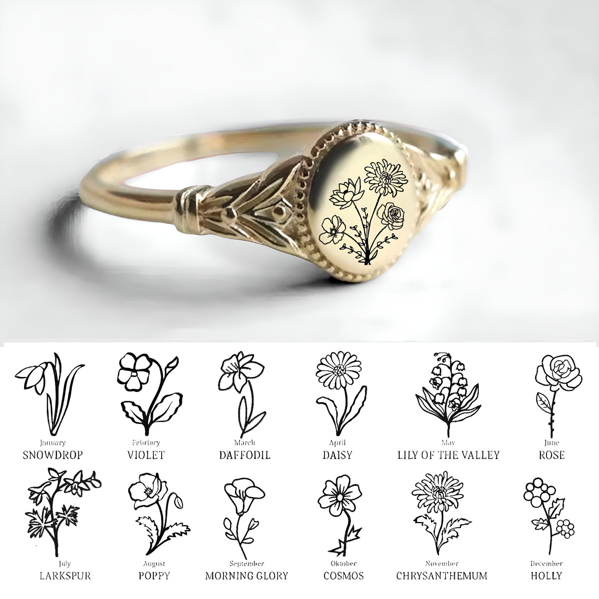 Personalized Ellipsoid Birth FlowerRing, Custom Mother Floral Ring for Women