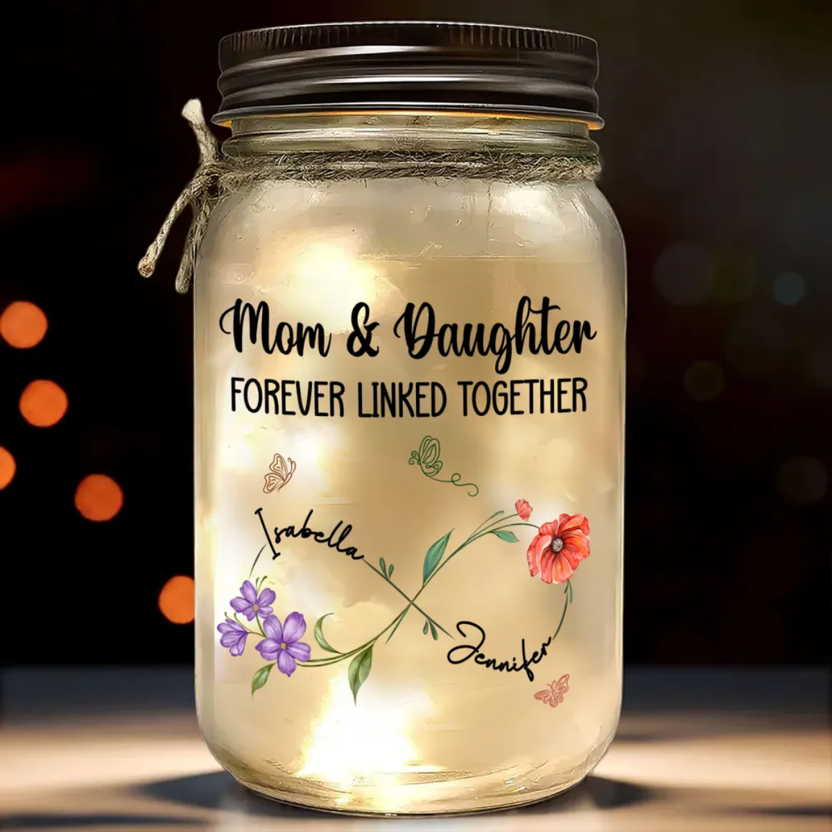 Mom And Daughter Forever Linked Together - Personalized Custom Mason Jar Light