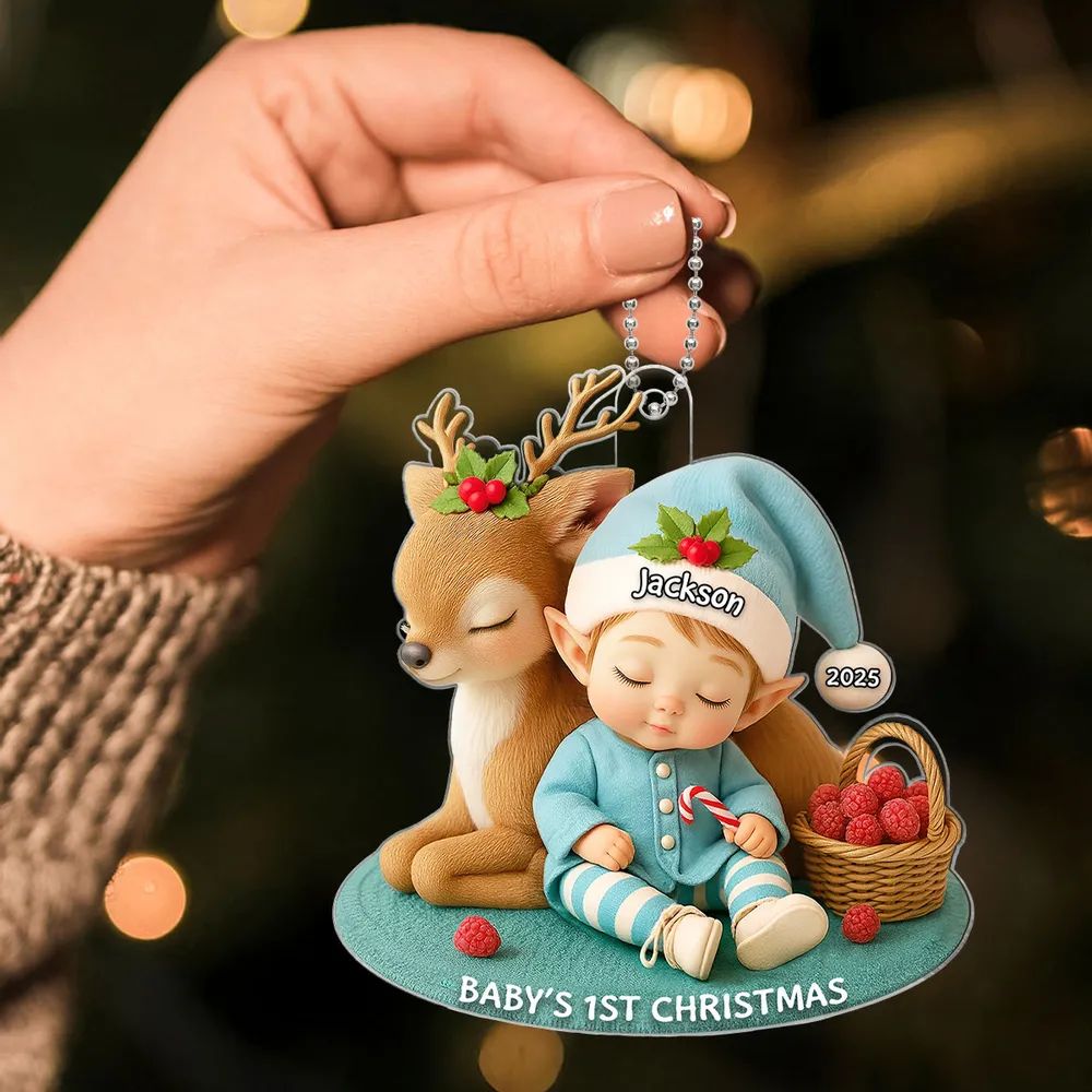Baby's 1st Christmas Ornament – Cute Elf & Reindeer Personalized Acrylic Ornament