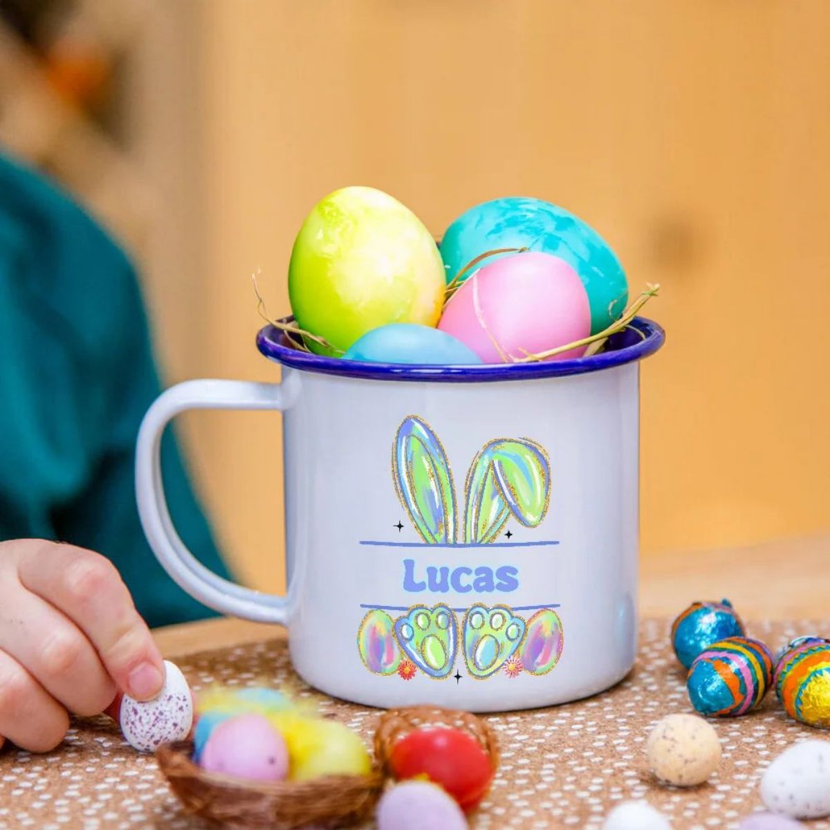 Personalized Watercolor Faux Glitter Bunny Design 12oz Enamel Mug