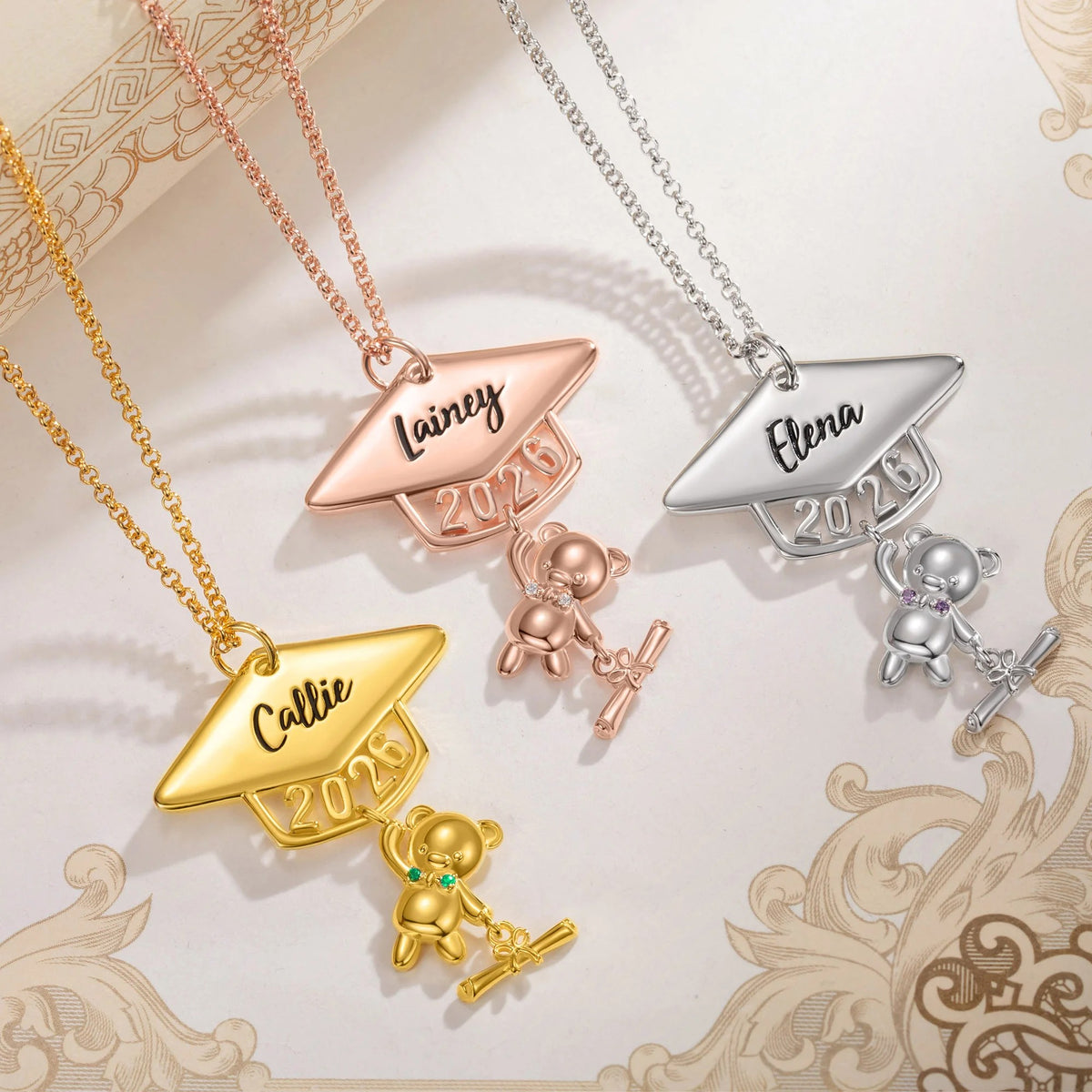 Class of 2026 Graduates Engraved Name and Birthstone Personalised Cute Bear Graduation Necklace