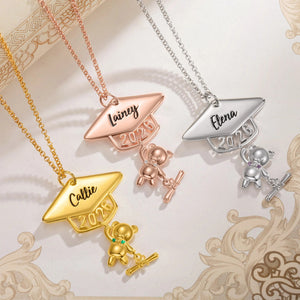 Class of 2026 Graduates Engraved Name and Birthstone Personalised Cute Bear Graduation Necklace