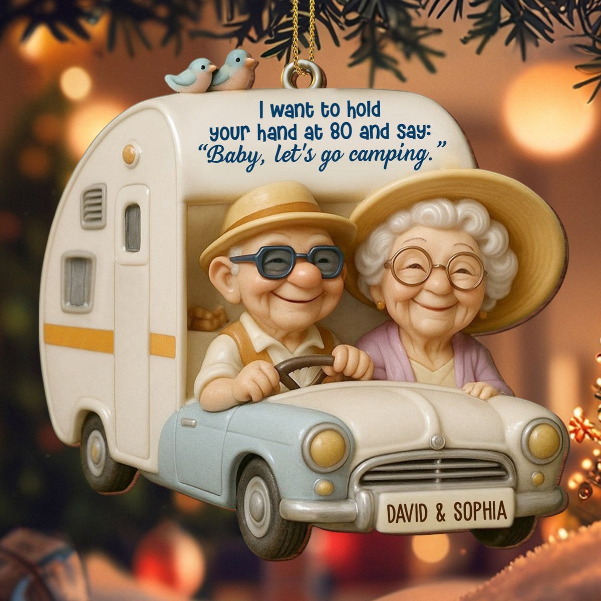 Hold Your Hand At 80, Baby Let’s Go Camping, Custom Wood Ornament, Gift For Elderly Couples