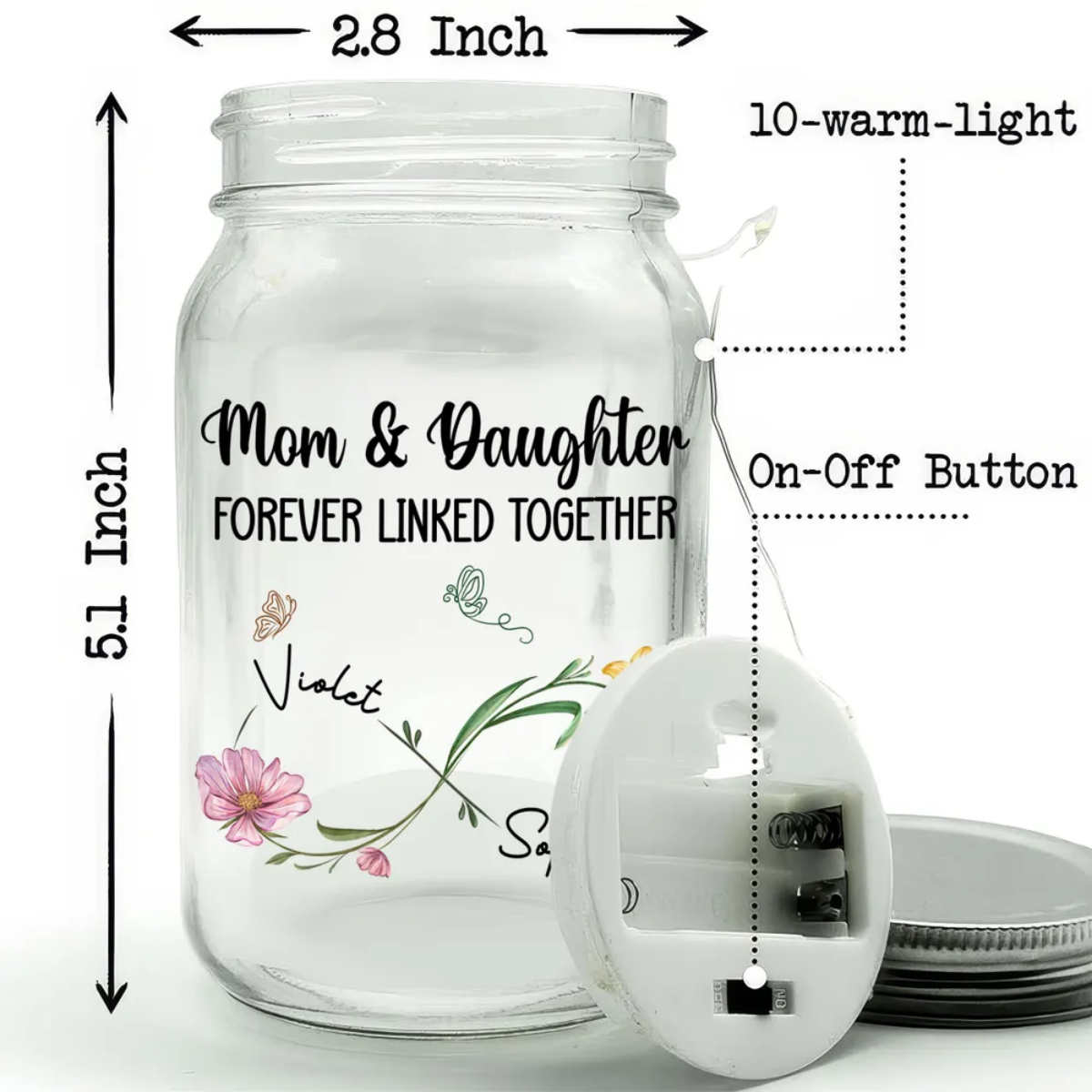 Mom And Daughter Forever Linked Together - Personalized Custom Mason Jar Light