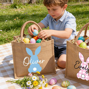 Custom Name Bunny Bag - Personalized Easter Jute Tote Bag, Kids Egg Hunt Bag