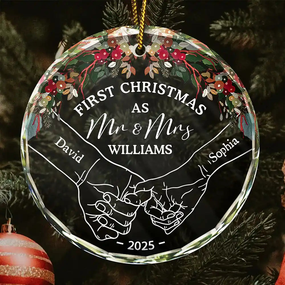 Holding Hands First Christmas Couple - Personalized Circle & Heart Glass Ornament