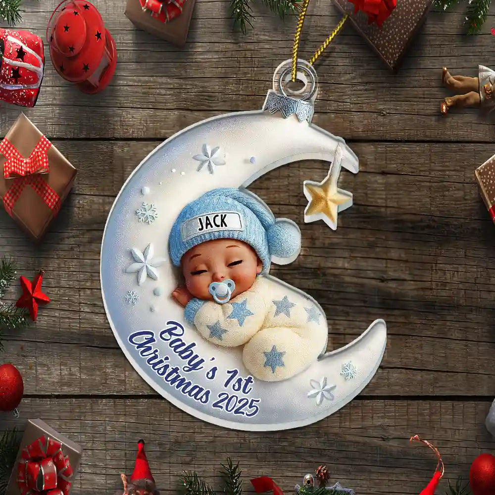 Baby Sleeping On The Moon First Christmas - Personalized Custom Shaped Acrylic Ornament