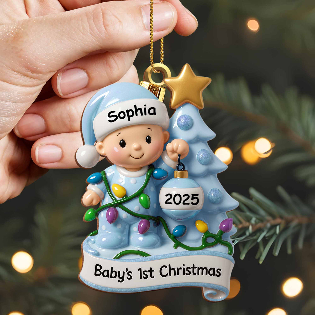 Baby's 1st Christmas With Festive Tree And Lights, Personalized Wood Ornament
